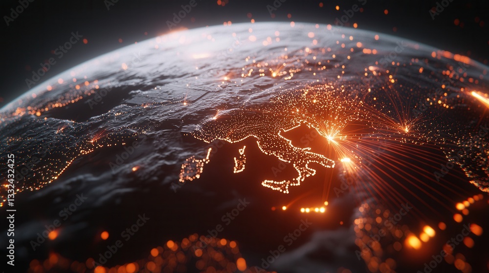 Aufkleber a futuristic image depicting the earth at night with a glowing network of data flows and illuminated