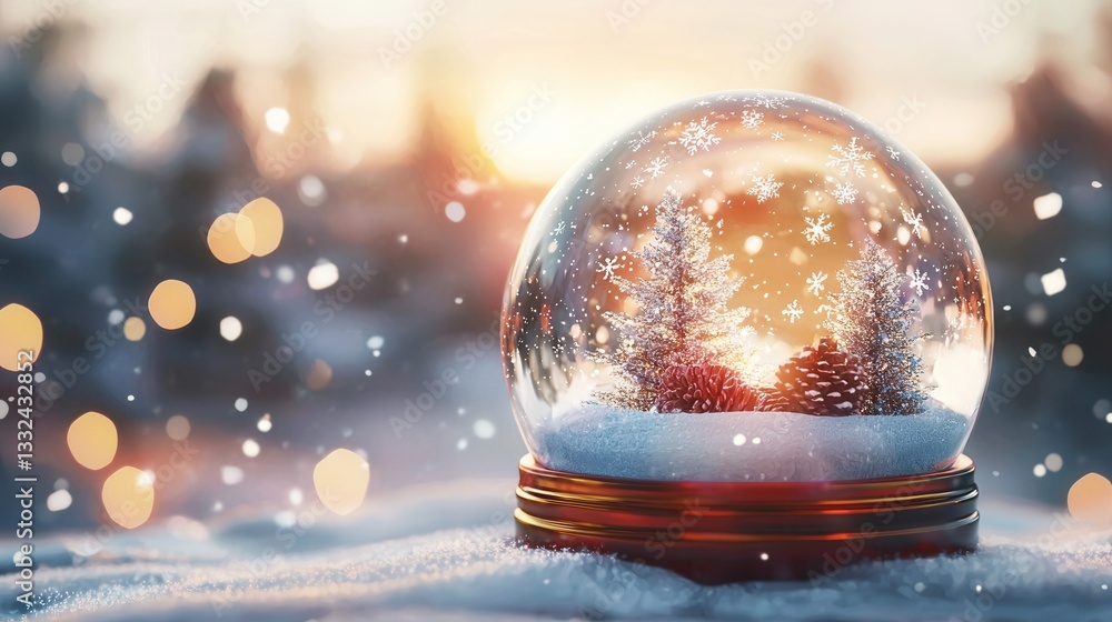 Poster a delicate and whimsical snow globe filled with a flurry of sparkling cascading snowflakes creating 