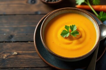 Creamy pumpkin carrot soup, parsley garnish, dark wood , pumpkin soup, instafood