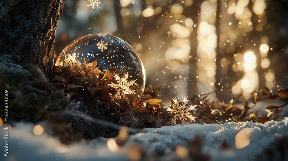 Poster a magical delicate snow globe nestled in a snowy forest filled with drifting snowflakes that sparkle