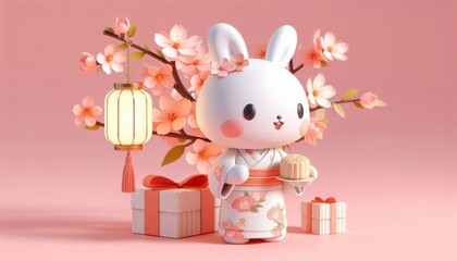 3D cute cartoon rabbit holding mooncake, Chinese Mid Autumn Festival. 