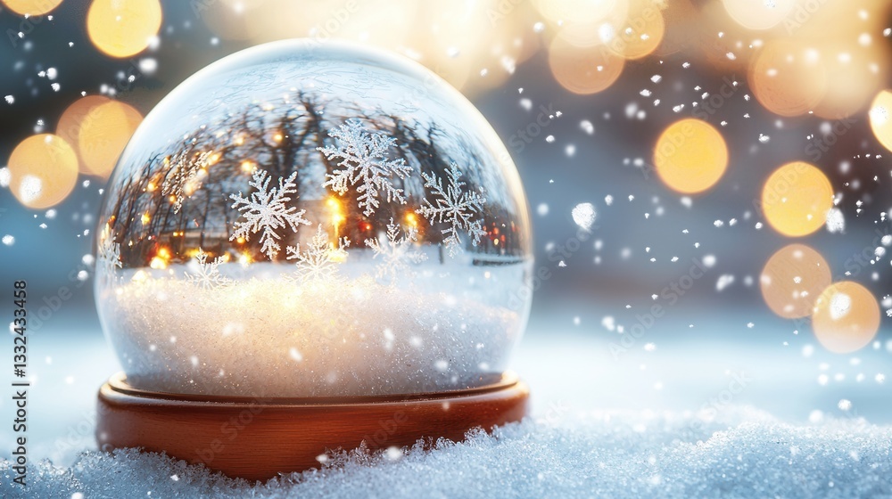 Poster enchanting snow globe showcasing a serene snowy landscape with delicate snowflakes gently floating w