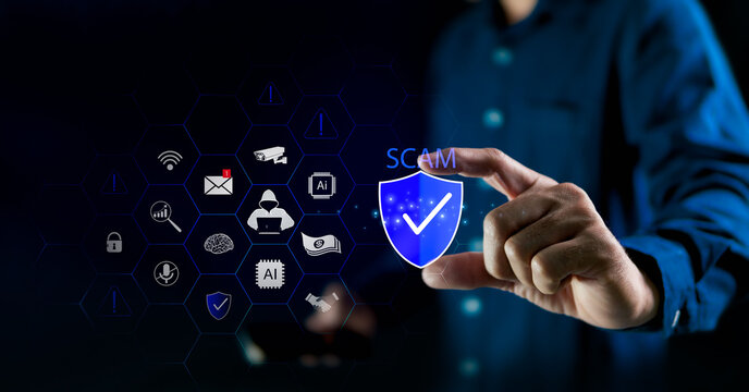 Preventing fraud from scammers, finding ways to protect against ill-wishers, social dangers in the technological age, and being aware of the current global situation.Hand with protection icon