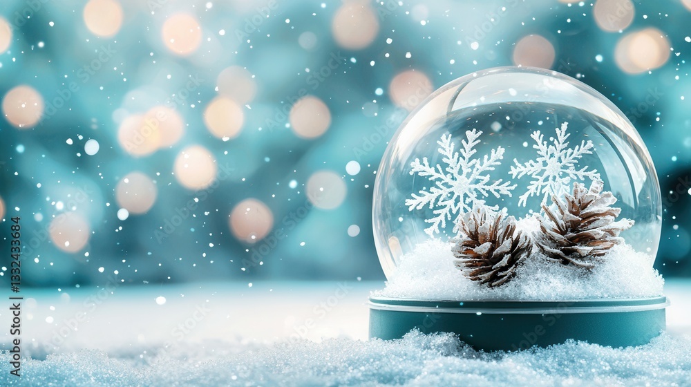 Poster a delicate snow globe filled with drifting snowflakes and pine cones creating a serene and enchantin
