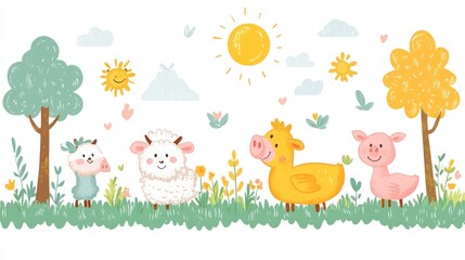 Naklejka premium Cute cartoon farm animals in a sunny meadow.