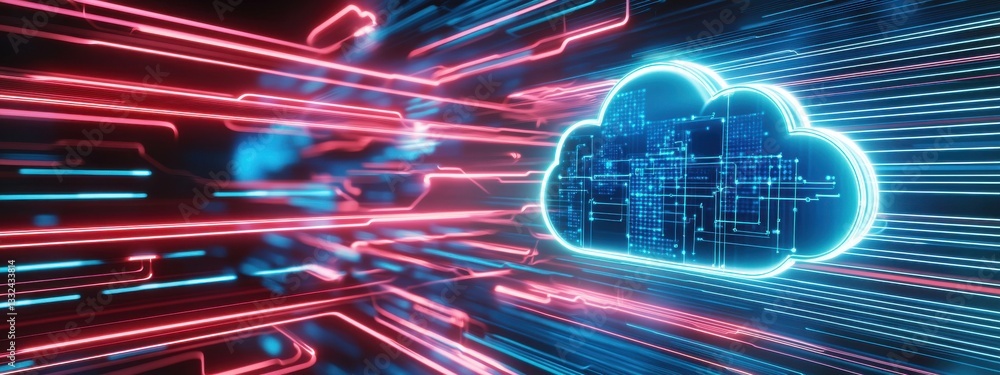 Poster neon cloud computing concept with data transmission and light trails