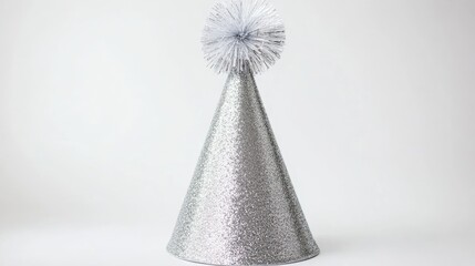 Silver glitter party hat with pompon on white background.