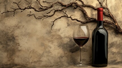 Red wine bottle and glass on beige background with old tree branch. Front view with space for text.