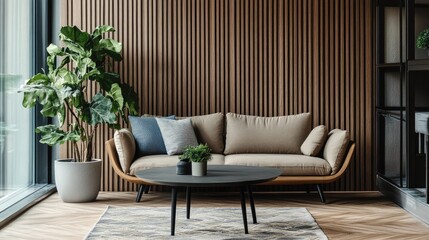 Sofa, table, and plant in stylish room with parquet carpet.