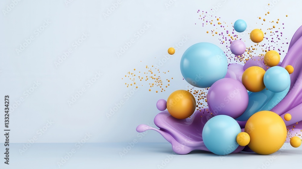 Poster vibrant pastel colored 3d abstract composition with floating spheres and dynamic movement creating a