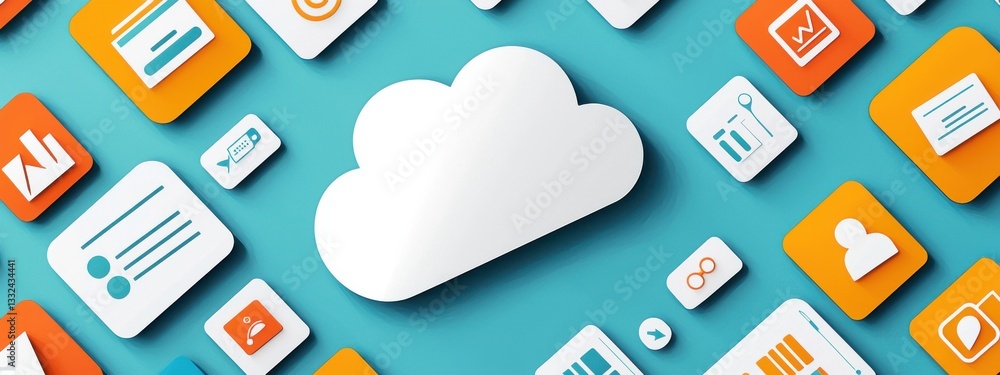 Poster digital cloud icons surrounded by colorful user interface elements
