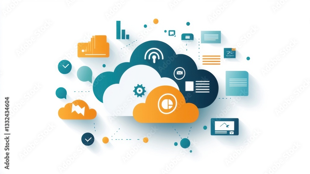 Poster cloud computing concept with digital icons and data visualization