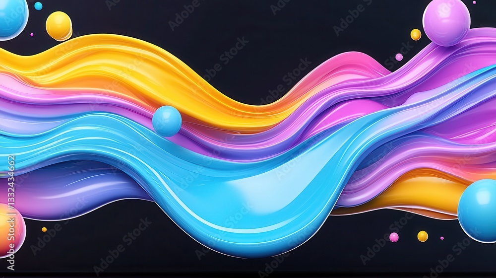 Poster vibrant and dynamic abstract 3d art featuring a captivating display of colorful spheres in fluid mes