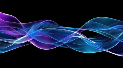 Abstract liquid holographic waves in blue, purple, and cyan flowing with iridescent light reflections on a dark void.