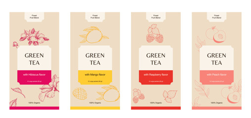 Tea Labels Vector Set. Fruit and Berries Tea Packaging Design Layouts Bundle. Modern Typography, Hibiscus, Mango, Raspberry, Peach flavors.