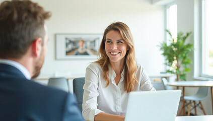Obraz premium a businesswoman with a laptop in the office interviewing a client