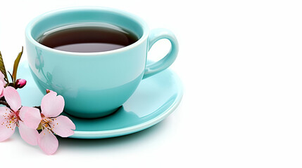 Obraz premium Freshly Brewed Tea in a Turquoise Cup with Cherry Blossom Accents on a White Background, Perfect for Relaxation and Enjoyment Moments