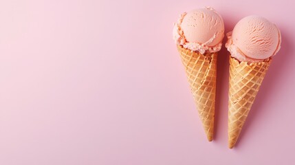 Two peach ice cream cones on pastel background with minimal concept and copy space
