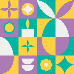 Neo geometric flat vector pattern with squares, bunny, candle, semicircles, spring flowers, cross, rhombus symbols. Abstract concept for Easter holiday and Peace Day posters, postcards, textile.