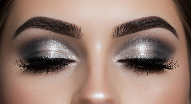 Close-up of woman's eyes with dramatic metallic eyeshadow. A detailed beauty shot showing a woman's closed eyes with bold, shimmery makeup and perfectly shaped eyebrows