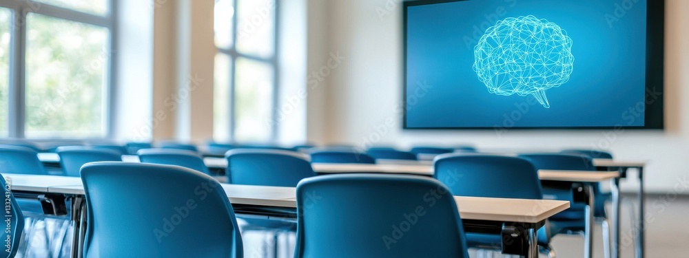 Poster modern classroom setting with brain graphic on wall display