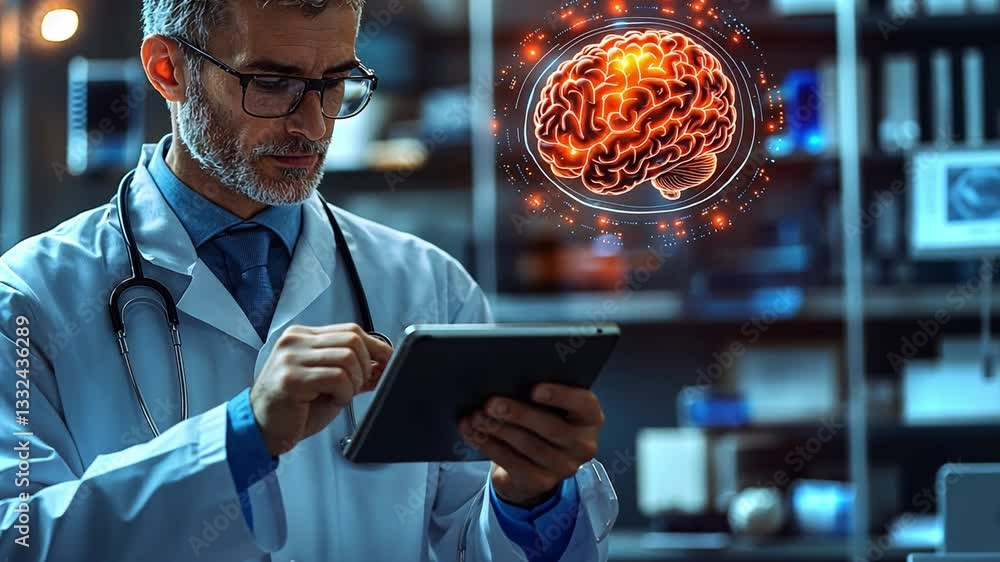 Poster a medical professional analyzes brain data on a tablet with ai in a modern lab