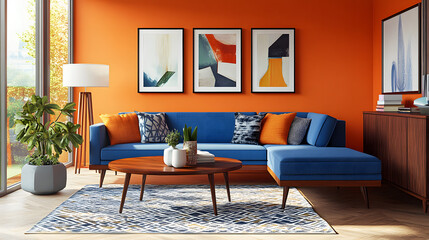Fototapeta premium Mid-Century Modern Living Room Interior Design with Orange Walls and Blue Sectional Sofa