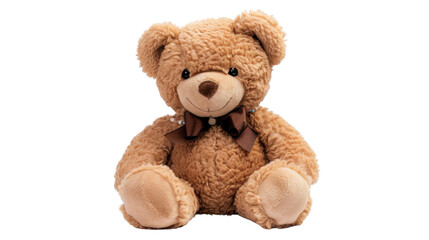 Brown teddy bear sitting with brown bow on transparent background