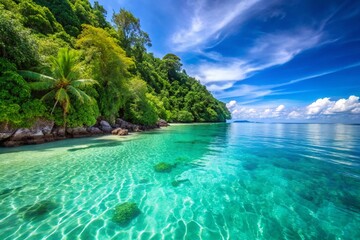 Fototapeta premium Tropical Island Paradise: Crystal Turquoise Water & Lush Emerald Foliage