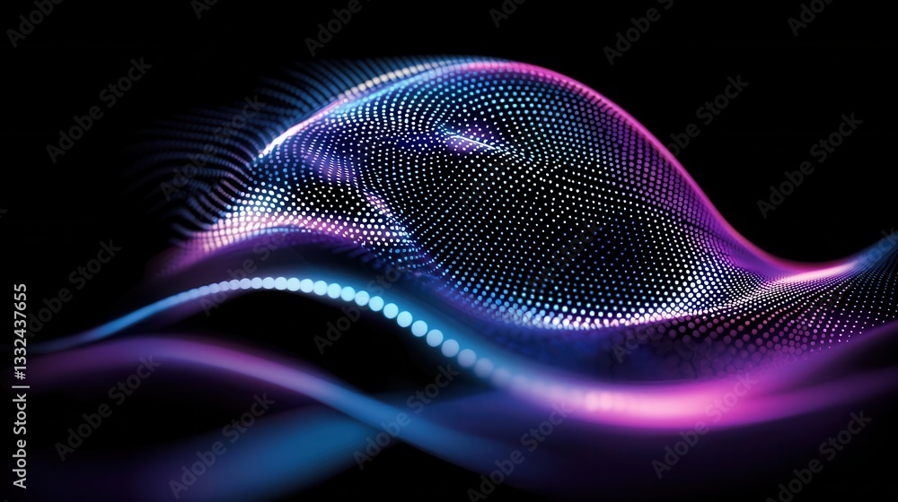 Poster vibrant and dynamic 3d sphere composed of a mesmerizing grid of glowing particles representing the f