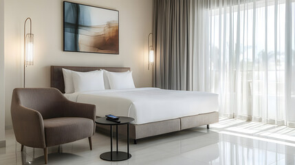 Modern Hotel Room Interior with King Size Bed, Armchair, and Large Window