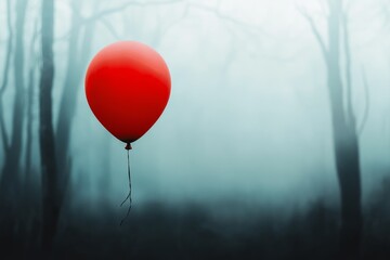 A mysterious depiction of a single dark red balloon floating in an eerie forest, with faint fog and twisted branches creating a chilling atmosphere