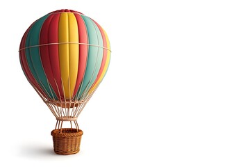 Fototapeta premium Whimsical hot air balloon with a wicker basket on solid white background.