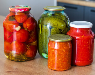 Jars with different types of pickles and preserves. Food