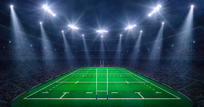 Glorious rugby field ready for epic match in a sports stadium full of thrilled fans, professional rugby sports background for advertisement.