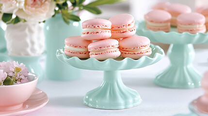 Delicious pastel pink macarons on mint green cake stand with elegant floral arrangements for a beautiful dessert table setup