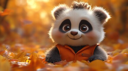 Adorable panda cub in autumn leaves, playful and curious, ideal for children's content