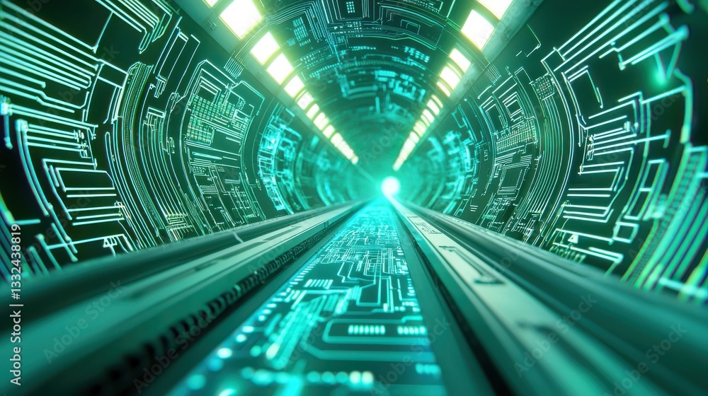 Poster futuristic digital tunnel with neon lights and circuit patterns