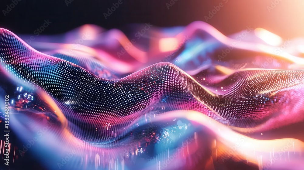 Poster an abstract futuristic composition of shimmering undulating waves of vibrant neon light and energy c
