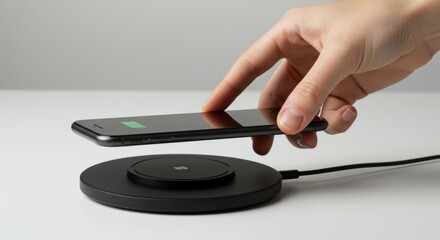 Fototapeta premium a hand put on smartphone on induction charger