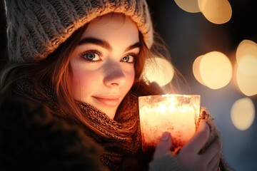 A portrait of a girl face illuminated by candlelight, her expression serene and introspective