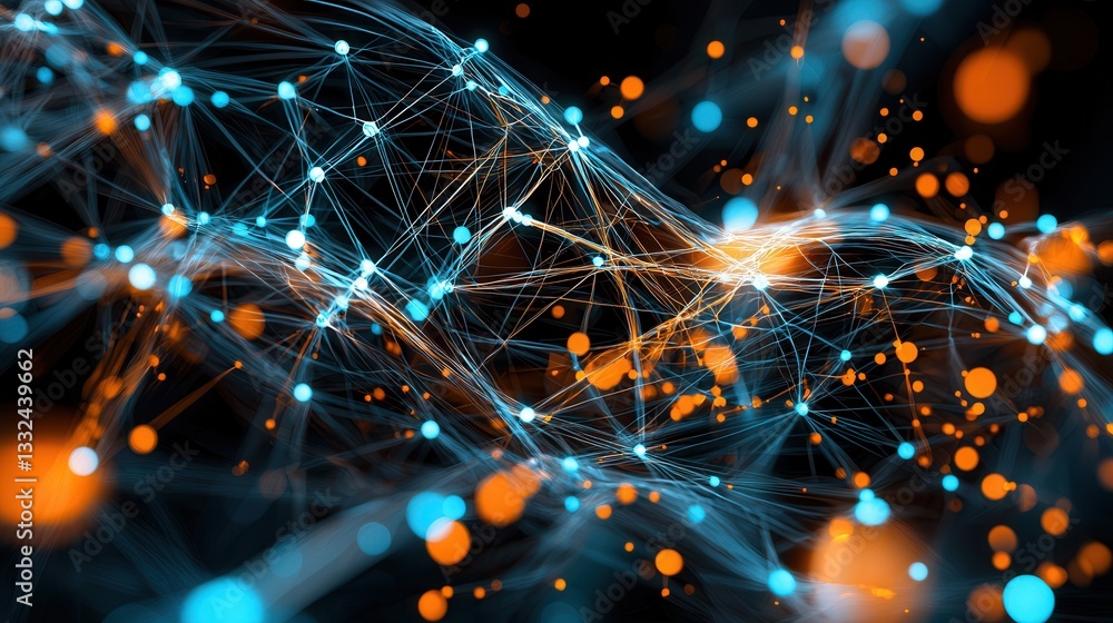 Poster vibrant and futuristic visualization of a complex data network with a wave like pattern of interconn