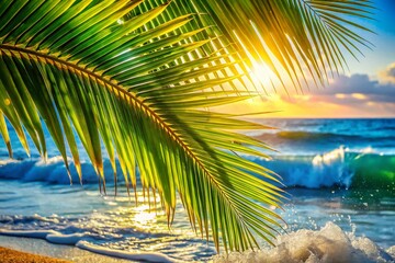 Fototapeta premium Tropical Paradise: Close-Up Macro of Palm Fronds and Ocean Waves