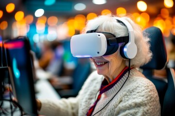 A senior learning how to use VR goggles in a tech workshop, smiling as they explore a virtual world for the first time