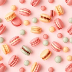 Obraz premium Wallpaper patterns are dotted with scattered bright colorful macaroon cookies on a bed colored background.
