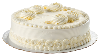 Beautifully frosted round white cake with piped cream decorations
Classic bakery treat ideal for birthdays, weddings, and festive events
on transparent background PNG