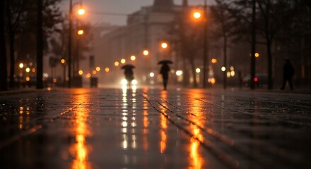 Rainy City Street at Night with Reflections Stock Photo