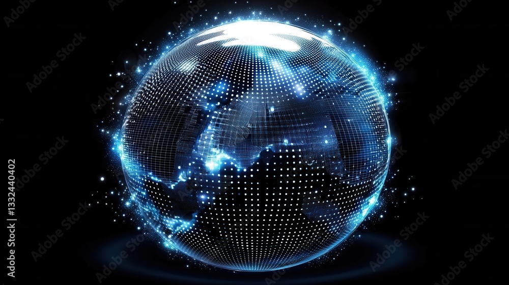 Poster a radiant luminous sphere representing the interconnected data driven global technology and communic