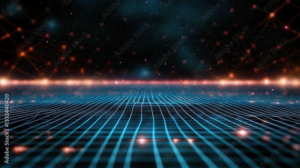 Poster a futuristic dark blue grid like pattern with glowing lines and network connections creating a sense