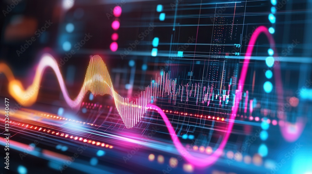 Poster vibrant futuristic visualization of data waves and patterns across a global digital network represen
